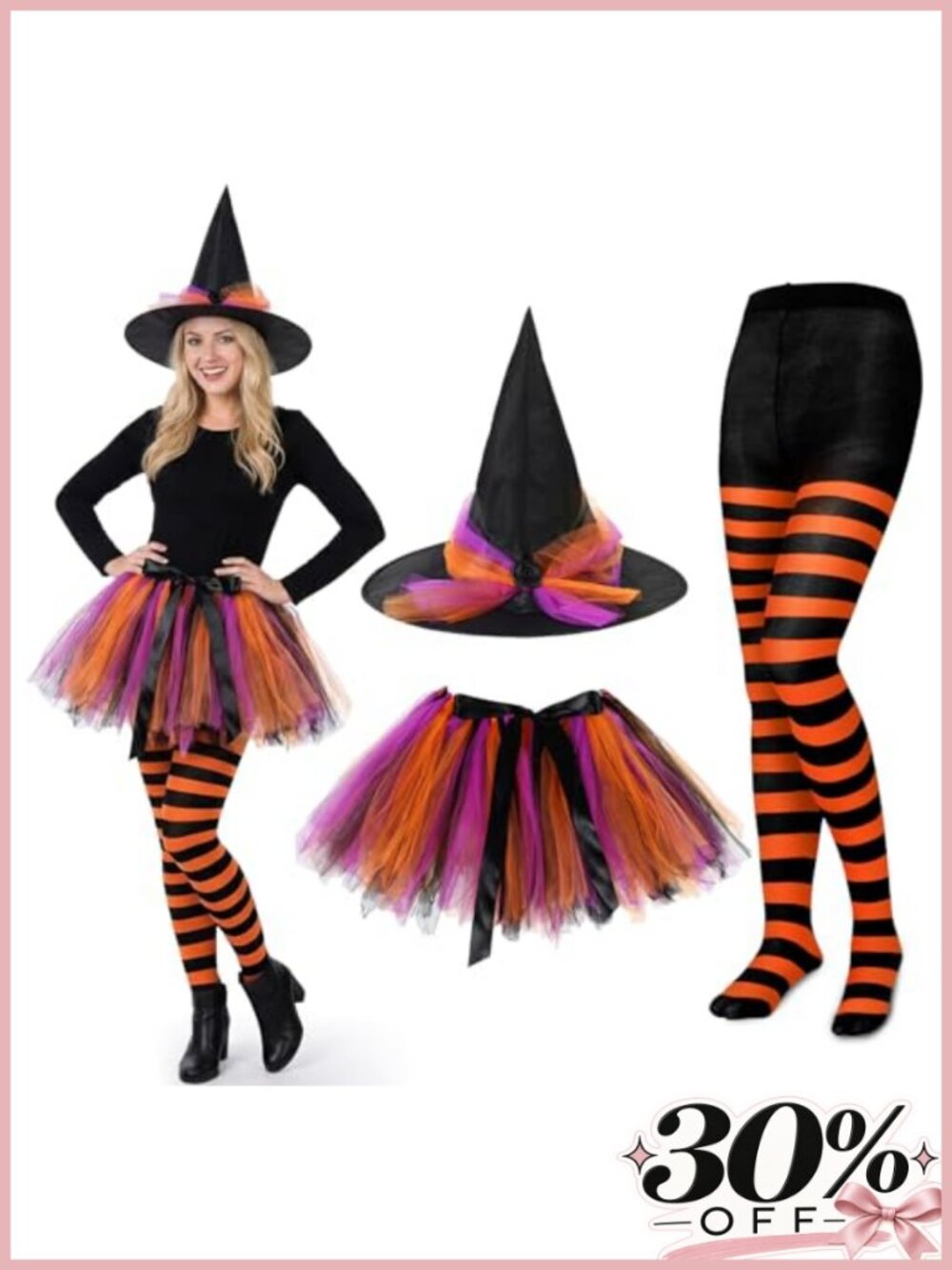 Witch Costume Set Tutu Skirt Hat Striped Tights 3-Piece Halloween Cosplay